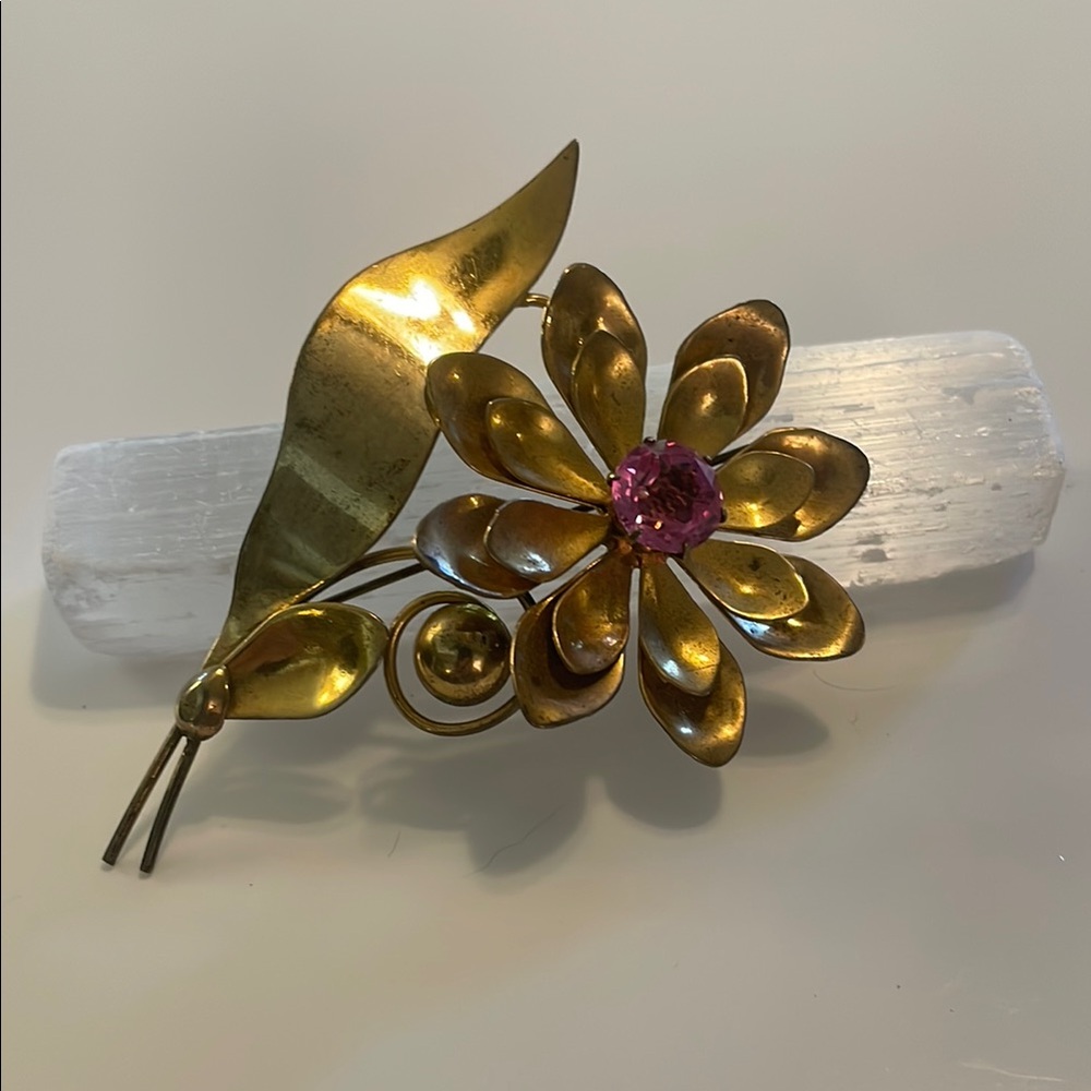 Vintage Jordan Sterling Floral Brooch in Gold Vermeil with Pink Rhinestone